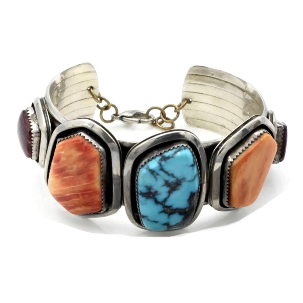 Signed - W. Johnson, Navajo. Morenci Turquoise Multi Stone Cuff Bangle - Picture 3 of 7